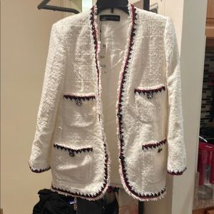 Zara White and Black Tweed Blazer with Braided Trim NWT XS 2147/801